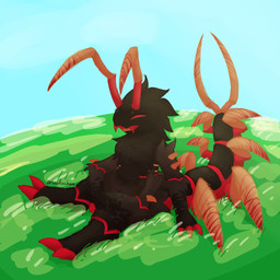 4_arms ambiguous_gender antennae_(anatomy) anthro brown_body brown_fur claws eyes_closed fur grass happy multi_arm multi_limb open_mouth orange_body outside plant red_body red_claws red_teeth sharp_teeth sitting sitting_on_grass sitting_on_ground sky smile solo teeth teeth_showing privafuchsia kaiju_paradise arthropod centipede crawlipede_(kaiju_paradise) gootraxian myriapod 2025 digital_drawing_(artwork) digital_media_(artwork) hi_res