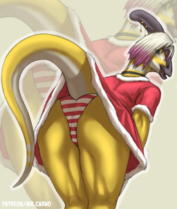 anthro bent_over blue_eyes bone_frill bottomwear butt camel_toe clothed clothing detailed_background female frill_(anatomy) frill_piercing furgonomic_piercing furgonomics grey_hair hair head_turned highlights_(coloring) holidays knock-kneed looking_at_viewer looking_back low-angle_view markings open_mouth open_smile panties pattern_bottomwear pattern_clothing pattern_panties pattern_underwear piercing pink_hair pose presenting presenting_hindquarters rear_view santa_dress smile solo standing striped_bottomwear striped_clothing striped_markings striped_panties striped_underwear stripes tan_body text underwear upskirt yellow_body mr.carno christmas zahra_(mr.carno) dinosaur hadrosaurid ornithischian ornithopod parasaurolophus prehistoric_species reptile scalie absurd_res artist_name colored detailed hi_res pinup portrait shaded three-quarter_portrait url watermark