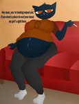 5_fingers anthro belly belly_tuft big_belly big_breasts big_butt blue_body blue_fur bottomwear breasts butt cigarette clothing female fingers footwear fur furniture hair holding_cigarette holding_object huge_belly huge_breasts huge_butt inside lit_cigarette obese obese_anthro obese_female on_sofa overweight overweight_anthro overweight_female pants red_eyes shirt sitting sitting_on_sofa socks sofa solo t-shirt talking_to_viewer text thick_thighs topwear tuft whiskers white_clothing white_footwear white_socks yellow_sclera windturbine09 night_in_the_woods mae_borowski domestic_cat felid feline felis mammal 2021 absurd_res english_text hi_res