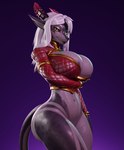 2024 2_horns anthro areola areola_slip belly big_breasts biped bottomless breasts cleavage clothed clothing connivingrat female gradient_background hair hi_res horn huge_breasts looking_at_viewer mammal multicolored_body navel open_mouth simple_background skimpy smile smirk solo standing suggestive_look suggestive_pose tail white_hair y'vraine_(londryx) yellow_eyes