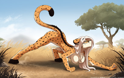 4_toes all_fours anthro ass_up biped black_spots breasts brown_body brown_fur brown_tail casual_nudity claws countershade_fur countershade_torso countershading digitigrade eyes_closed featureless_breasts feet female fingers flexible front_view fur hair hanging_breasts markings medium_breasts nude nude_anthro nude_female outside plant savanna smile solo spots spotted_body spotted_fur spotted_markings spotted_tail spread_legs spreading stretching tail tail_markings toe_claws toes tree white_hair conditional_dnp narikusha tom_fischbach cheetah felid feline mammal 2025 digital_drawing_(artwork) digital_media_(artwork) hi_res