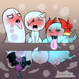 ambiguous_gender anal_beads anus blue_body blush bodily_fluids bow_ribbon female genitals group hair heart_pupils heart_symbol not_furry open_mouth saliva sex_toy tongue tongue_out trio vulva white_body white_hair cold-blooded-twilight mario_bros nintendo paper_mario undertale undertale_(series) carrie_krueger lady_bow napstablook boo_(mario) ghost humanoid spirit crossover hi_res
