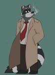 anthro biped black_nose bottomwear clothing grey_body necktie pants shirt smoking solo topwear nardodraws tails_noir howard_lotor mammal procyonid raccoon 2023 hi_res