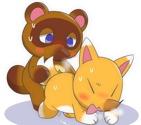 anthro blush bodily_fluids chibi cum cum_on_ground duo genital_fluids kemono male male/male sex simple_background sweat white_background ruua animal_crossing nintendo crazy_redd tom_nook_(animal_crossing) canid canine fox mammal raccoon_dog tanuki 2020 hi_res
