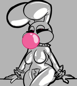 blowing_bubble_gum bracelet bubble_gum collar female gimp_suit jewelry latex sassy sitting solo spiked_bracelet spiked_collar spikes zipper zipper_mouth pinkscalop2004 humanoid lagomorph leporid mammal rabbit animated hi_res short_playtime sound video