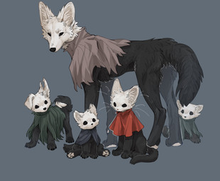 ambiguous_gender black_body black_eyes black_fur clothing empty_eyes feral fur group inner_ear_fluff larger_ambiguous pawpads paws quadruped red_clothing simple_background sitting size_difference smaller_ambiguous standing tail tuft white_body white_fur aaasakawa hollow_knight_(franchise) team_cherry broken_vessel_(hollow_knight) hollow_knight_(character) hornet_(hollow_knight) the_knight_(hollow_knight) canid canine felid feline mammal hi_res female_(lore) half_sister_(lore) sibling_(lore) sister_(lore)