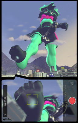 anthro building city cityscape clothing eyewear feet foot_fetish foot_focus fur genitals glasses hair humanoid_feet landscape_dwarfing macro male outside penis phone_screen plantigrade soles solo text voidedpumpkin deltarune undertale_(series) ralsei bovid caprine goat mammal 2025 absurd_res artist_name comic digital_media_(artwork) hi_res portrait signature watermark