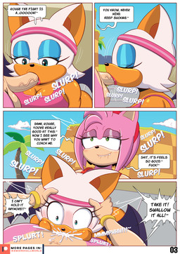 anthro athletic_wear balls bite biting_lip biting_own_lip blue_eyes bodily_fluids breasts cum cum_in_mouth cum_inside dialogue duo fellatio genital_fluids genitals grabbing_head green_eyes gynomorph humanoid_genitalia humanoid_penis intersex intersex/intersex lipstick makeup oral oral_penetration penetration penile penis pink_body profanity self_bite sex text vein veiny_penis ike_marshall sega sonic_the_hedgehog_(series) amy_rose rouge_the_bat bat eulipotyphlan hedgehog mammal comic english_text hi_res