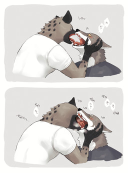 anthro black_markings black_spots bodily_fluids breath brown_body brown_fur clothed clothing deep_kiss dialogue ears_back fangs finger_in_mouth french_kissing fur kemono kissing licking male male/male markings multicolored_body multicolored_fur pivoted_ears shirt solo speech_bubble spots spotted_body spotted_fur sweat sweatdrop t-shirt teeth text tongue tongue_in_mouth topwear two_tone_body two_tone_fur white_body white_fur k0bit0wani canid canine canis hyena mammal spotted_hyena wolf 2021 absurd_res comic hi_res japanese_text translation_check translation_request