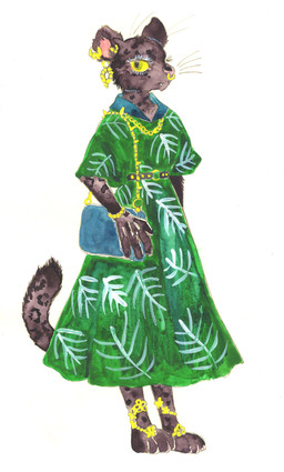 anthro biped black_body black_fur bracelet chain claws clothed clothing dress ear_piercing ear_ring facial_piercing feet female fur gold_(metal) green_clothing green_dress jewelry markings necklace nose_piercing nose_ring piercing purse ring ring_piercing septum_piercing simple_background solo spots standing tail whiskers white_background yellow_eyes kyokyota felid mammal pantherine 2021 absurd_res hi_res painting_(artwork) traditional_media_(artwork)