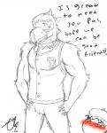 anthro beak blush bottomless clothed clothing duo eyebrows eyewear glasses male muscular simple_background smile text thick_eyebrows dg254 animal_crossing nintendo frank_(animal_crossing) accipitrid accipitriform avian bird eagle low_res monochrome