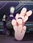 3_toes big_feet breasts clothing crossed_legs feet female foot_fetish foot_focus pale_skin sitting soles solo spacesuit suit text toes the_dark_mangaka bioware electronic_arts mass_effect alien alien_humanoid humanoid quarian 2022 url