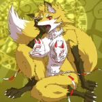1:1 anthro big_breasts breasts canid canine clothed clothing concon-collector female fox fur hagano looking_at_viewer mammal mask official_art red_eyes semoventoh skimpy solo white_body white_fur yellow_body yellow_fur yellow_theme