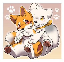 chibi dipstick_tail duo female footprint fur hug male markings orange_body orange_fur pawpads pawprint paws red_eyes scarf semi-anthro sitting smile tail tail_markings tuft white_body white_fur yellow_eyes yellow_scarf tsukune_minaga kitsuneinu shiroinu_(character) canid canine canis domestic_dog fox hybrid mammal