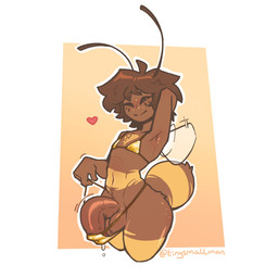 antennae_(anatomy) anthro arthropod_abdomen barely_contained barely_contained_penis big_penis bikini bodily_fluids brown_body clothed clothing crossdressing curved_penis femboy freckled_face freckles genital_fluids genitals gold_bikini huge_penis humanoid_genitalia humanoid_penis insect_wings male penis precum solo swimwear two-piece_swimsuit wide_hips wings tinysmallman mazus_(tinysmallman) arthropod bee hymenopteran insect 1:1 hi_res