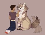 bottomwear claws clothed clothing countershade_face countershade_fur countershading duo feral footwear fur hair male pants paws quadruped shirt smile socks tail tail_motion tailwag topwear whiskers aevris xantho_(aevris) canid canine canis coywolf human hybrid mammal hi_res