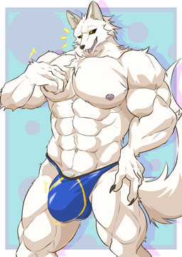 abs anthro arm_tuft barazoku barely_contained barely_contained_penis biceps blue_clothing blue_underwear bodily_fluids bulge claws clothing detailed_bulge elbow_tuft fangs fingers fur genital_fluids genitals hair male muscular muscular_anthro muscular_male nipples open_mouth pecs penis precum solo standing sweat tail teeth text tuft underwear vein veiny_penis white_body white_fur yellow_eyes geryorias canid canine canis mammal wolf absurd_res hi_res