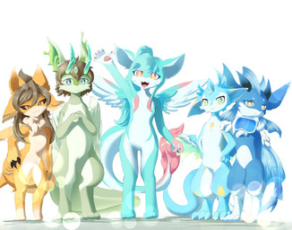 3_fingers 5_fingers ambiguous_gender anthro blue_body blue_eyes blue_fur broken_horn brown_hair claws dorsal_fin eyewear female fin fingers fur gesture goggles goggles_around_neck green_body green_eyes green_fur greeting group hair hand_on_hip horn looking_at_viewer male open_mouth orange_body orange_eyes orange_fur pale_fur pawpads paws simple_background tail tongue waving waving_at_viewer white_background white_body white_fur wings yellow_eyes floeofice mythology aquatic dragon hybrid mythological_creature mythological_scalie scalie absurd_res hi_res