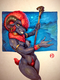 anthro black_body black_nipples bracelet breasts ear_piercing ear_ring female fur jewelry moon nipples nude piercing pubes red_body red_fur ring ring_piercing solo staff tail water wool_(fur) yellow_eyes ragdishnak bovid caprine goat mammal 2025 hi_res