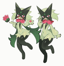 anthro blush breast_curtains breasts duo feet female flower_trick fur green_body green_fur navel open_mouth pink_eyes small_breasts batrobin_k nintendo pokemon generation_9_pokemon meowscarada pokemon_(species) 2025 hi_res