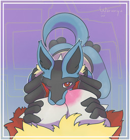 :3 ;3 ambiguous_gender anthro big_breasts blush blush_lines border breast_grab breast_play breast_squish breast_suck breasts crouching duo female hand_on_breast huge_breasts looking_at_viewer male male/female nipples squish sucking tail white_border waranya nintendo pokemon delphox generation_4_pokemon generation_6_pokemon lucario pokemon_(species) absurd_res hi_res