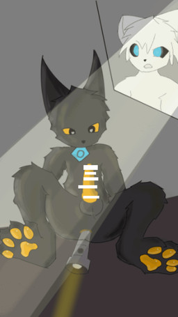 anthro censor_bar censored_genitalia condom condom_in_mouth condom_wrapper flashlight male mouth_hold object_in_mouth sexual_barrier_device solo casualties:_unknown canid canine expie_(gunsawian) gunsawian mammal censored hi_res picture_in_picture