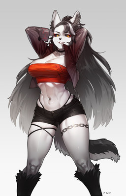 anthro athletic bandeau black_bottomwear black_clothing black_sclera black_shorts bottomwear breasts choker cleavage clothed clothing female gradient_background grey_hair hair hands_behind_head hotpants inner_ear_fluff jacket jewelry long_hair looking_at_viewer navel necklace open_clothing open_jacket open_topwear red_clothing red_topwear shorts simple_background smile soft_abs solo thong_straps topwear tube_top tuft white_background yellow_eyes pgm300 nintendo pokemon cenris_(davidatlas) canid generation_3_pokemon mammal mightyena pokemon_(species) 2022 absurd_res digital_media_(artwork) hi_res shaded