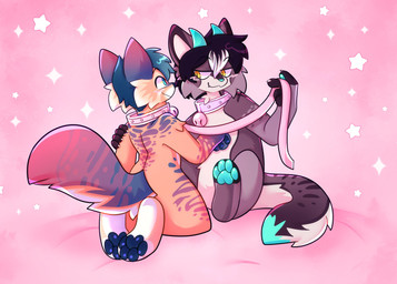 anthro bell bell_collar chibi collar duo fluffy fluffy_tail hair kneeling pawpads sitting smile tail appliei felid feline mammal hi_res