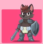 anthro armor bodily_fluids brown_body brown_fur brown_hair clothed clothing diaper facial_hair feces frown_eyebrows fur genital_fluids goatee grey_eyes hair male melee_weapon messy_diaper partially_clothed shield simple_background solo standing sword unclean_diaper urine used_diaper weapon wet_diaper hammymushpants mammal procyonid raccoon 2024 digital_drawing_(artwork) digital_media_(artwork)