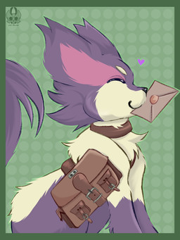 bag delivery_(commerce) delivery_employee feral fluffy fur heart_symbol letter postal_carrier postal_delivery purple_body purple_fur satchel sitting smile smiley_face solo white_body white_fur airymiller nintendo pokemon felid feline generation_5_pokemon mammal pokemon_(species) purrloin 3:4 hi_res sketch