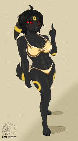 abs anthro bikini black_body black_fur black_hair blush breasts brown_nose clothing female female_anthro fur gold_week hair medium_breasts muscular muscular_female o-ring red_sclera side-tie_bikini solo string_bikini swimwear two-piece_swimsuit yellow_body yellow_fur allartskye golden_week nintendo pokemon darksy_(allartskye) eeveelution generation_2_pokemon pokemon_(species) umbreon absurd_res hi_res