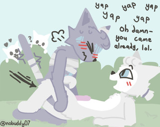 anal anal_penetration anthro bandage bandaged_chest bandaged_ear bandaged_tail bandages_only being_watched blue_eyes blue_markings blush blushing_profusely bodily_fluids breath casual_sex chest_tuft countershade_face countershade_torso countershading cum cum_in_ass cum_inside directional_arrow distracted distracted_sex duo exhibitionism eyebrows eyes_closed fur genital_fluids genitals glowing glowing_markings grey_body grey_fur hair hand_on_butt head_tuft heart_symbol kneeling looking_at_another lying male male/male male_on_bottom markings nude_anthro nude_male on_back on_bottom orgasm outside_sex penetration penile penile_penetration penis penis_in_ass ponytail premature_ejaculation raised_eyebrow raised_leg sex stiff_tail tail tail_coil text tremble_spikes tuft voyeur white_body white_fur yapping nobuddy ponos_corp. the_battle_cats d'arktanyan_(the_battle_cats) d'artanyan_(the_battle_cats) domestic_cat felid feline felis mammal english_text hi_res