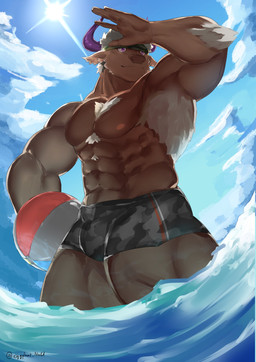 abs accessory anthro ball beach_ball biceps bottomwear brown_body brown_fur brown_nose bulge clothed clothing cloud day fur hair headband holding_ball holding_beach_ball holding_object horn inflatable light looking_aside male muscular muscular_anthro muscular_legs muscular_male nipples outside partially_submerged pecs purple_eyes purple_horn shorts sky smile solo standing standing_in_water sun sunlight topless white_body white_fur white_hair eggplant_nacl lifewonders tokyo_afterschool_summoners shennong_(tas) bovid bovine cattle mammal hi_res
