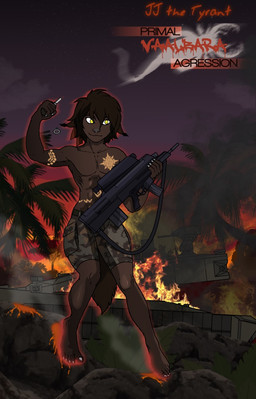 armored_vehicle assault_rifle barefoot battle bodypaint camo clothed clothing destroyed_tank destroyed_vehicle explosives feet fire forest grenade gun jungle lava machine plant ranged_weapon rifle solo tank_(vehicle) topless tree turret vehicle war weapon xm29 yellow_eyes aleone jj_(aleone) animal_humanoid humanoid