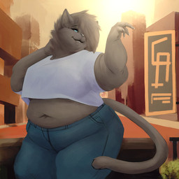 anthro belly big_breasts biped blue_bottomwear blue_clothing blue_eyes blue_pants bottomwear breasts building city claws clothed clothing day deep_navel denim denim_bottomwear denim_clothing detailed_background eyelashes female finger_claws front_view fully_clothed fur grey_body grey_fur grey_hair grey_nose hair hair_over_eye half-closed_eyes humanoid_hands jeans midriff monotone_body monotone_fur monotone_hair narrowed_eyes navel obese obese_anthro obese_female one_eye_obstructed open_mouth open_smile overweight overweight_anthro overweight_female pants pose shirt sky smile solo standing sun thick_thighs topwear white_clothing white_shirt white_topwear wide_hips silverfang725 anna_mercury domestic_cat felid feline felis mammal 1:1 absurd_res clip_studio_paint_(artwork) digital_media_(artwork) hi_res portrait three-quarter_portrait