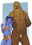 anthro blue_body blue_skin bottomwear breasts brown_body brown_fur clothing duo eyebrows eyelashes female freckles fur larger_male lekku_(anatomy) male navel one-piece_swimsuit shorts size_difference sling_bikini small_breasts swimwear djcomps golden_week star_wars star_wars:_knights_of_the_old_republic mission_vao zaalbar alien alien_humanoid humanoid twi'lek wookiee 2025 absurd_res hi_res