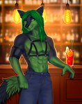 alcohol anthro bar beverage biped black_body black_fur blue_bottomwear blue_clothing blue_pants bottomwear chest_harness clothing cocktail countershade_fur countershade_torso countershading detailed_background fur green_body green_countershading green_eyes green_fur green_hair hair harness inside light_bulb long_hair male pants solo standing novery jacktwf canid canine mammal 2022 absurd_res digital_media_(artwork) hi_res shaded