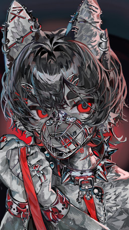 accessory ambiguous_gender anthro black_hair bodily_fluids clothed clothing collar cuff_(restraint) dripping ear_piercing fur grey_body grey_fur hair hair_accessory hairclip holding_leash holding_object holding_own_leash industrial_piercing leash muzzle_(object) muzzled open_mouth piercing red_eyes restraints ring saliva saliva_drip scar sharp_teeth solo spiked_collar spikes teeth tongue tongue_out topless wrist_cuffs magic_dream00 mammal unknown_species 4k 9:16 absurd_res hi_res