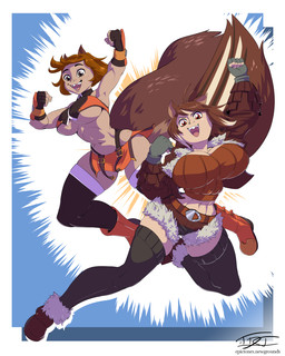 ahoge alternate_costume bare_shoulders big_breasts big_tail bomber_jacket boots border bottomwear breasts brown_eyes brown_hair buckteeth butt cleavage clothed clothing clothing_swap cosplay crop_top cropped_jacket crossover_cosplay duo female fingerless_gloves fist footwear freckled_face freckled_legs freckled_thighs freckles gesture gloves hair handwear highlights_(coloring) huge_breasts legwear lips looking_at_viewer midriff navel open_mouth open_smile orange_hair pose shirt shoes short_hair shorts simple_background smile solo squirrel_tail stockings tail teeth thick_thighs thigh_highs topwear under_boob white_border wide_hips hardtones arc_system_works blazblue marvel makoto_nanaya squirrel_girl_(marvel) animal_humanoid humanoid mammal mammal_humanoid rodent rodent_humanoid sciurid sciurid_humanoid tree_squirrel_humanoid 2026 4:5 crossover hi_res signature