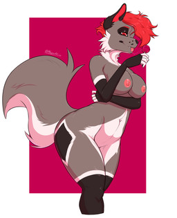 abstract_background anthro biped black_markings black_nose bodily_fluids breasts candy dessert facial_tuft female fluffy fluffy_tail food gloves_(marking) hair holding_candy holding_food holding_lollipop holding_object leg_markings lollipop looking_at_viewer markings multicolored_body neck_tuft nipples nude nude_female pink_background pink_nipples red_eyes red_hair saliva saliva_string simple_background socks_(marking) solo tail text tuft two_tone_body white_background white_markings khayen canid canine mammal 2023 absurd_res artist_name colored digital_drawing_(artwork) digital_media_(artwork) english_text hi_res shaded signature