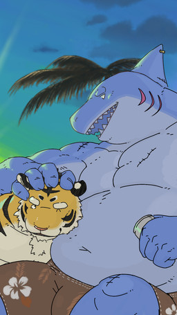 anthro belly big_belly bulge clothing cloud duo humanoid_hands kemono male navel one_eye_closed outside overweight overweight_male palm_tree plant scar sitting swimwear tree yellow_body hodol aquatic felid fish mammal pantherine shark tiger 2015 hi_res