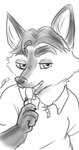 anthro clothing cutlery humanoid_hands kitchen_utensils licking licking_spoon male shirt simple_background slightly_chubby solo spoon tongue tongue_out tools topwear white_background gerardson disney zootopia gideon_grey canid canine fox mammal red_fox true_fox 2016 hi_res monochrome