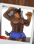abs amber_eyes anthro big_muscles bodily_fluids bottomwear clothed clothing hotpants male male_anthro muscular muscular_anthro muscular_male open_mouth shorts shorts_only solo sweat sweatdrop tail teeth topless topless_anthro topless_male undressing wet awolfwithglasses canid canine canis dobermann domestic_dog mammal pinscher hi_res