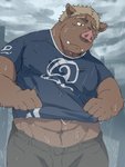 anthro barazoku bottomwear brown_body clothing humanoid_hands kemono male muscular muscular_anthro muscular_male outside pants raining shirt solo topwear wet train_(artist) domestic_pig mammal suid suina sus_(pig) 2018 3:4