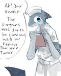 anthro biped clothed clothing dialogue female fur grey_body grey_fur looking_at_viewer nurse slim_anthro slim_female solo text murace4 fish marine shark 2024 4:5 absurd_res digital_media_(artwork) english_text hi_res