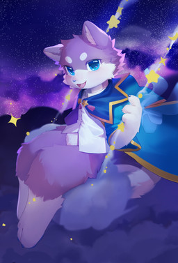 anthro blue_cape blue_clothing blue_eyes bottomless bottomless_male cape clothed clothing countershading fur kemono looking_at_viewer male night open_mouth purple_body purple_fur sky solo star starry_sky swing swinging young young_anthro young_male hauhau_mg production_taiikukan ametis canid canine fox mammal 2025 absurd_res hi_res japanese_description