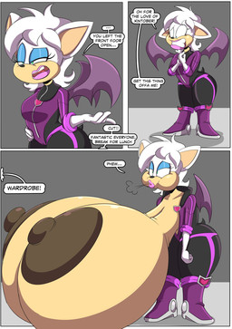 anthro areola big_areola big_breasts big_nipples boots breasts brown_areola brown_nipples clothing ellipsis exclamation_point female footwear gloves green_eyes hair hammerspace handwear hidden_buxom high_heeled_boots high_heels huge_areola huge_breasts hyper hyper_breasts narrowed_eyes nipples offscreen_character open_mouth shoes skinsuit solo speech_bubble tan_body text tight_clothing white_hair wings joeblaydesign sega sonic_the_hedgehog_(series) rouge_the_bat bat mammal comic english_text hi_res