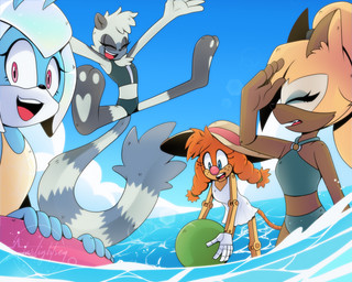 3_toes anthro ball barefoot beach_ball bikini bikini_bralette clothing day detailed_background feet female female_anthro grey_pawpads group hair happy hat headgear headwear inflatable jumping logo machine midriff outside partially_submerged pawpads paws plantigrade ponytail sea soles standing sun_hat swimwear toes two-piece_swimsuit water starlightseq idw_publishing sega sonic_the_hedgehog_(comics) sonic_the_hedgehog_(idw) sonic_the_hedgehog_(series) belle_the_tinkerer jewel_the_beetle tangle_the_lemur whisper_the_wolf arthropod beetle canid canine canis insect lemur mammal primate ring-tailed_lemur robot strepsirrhine wolf artist_logo hi_res