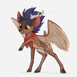 ambiguous_gender black_hooves blue_hair feathered_wings feathers feral hair hooves horn kerchief looking_down markings medium_hair mohawk neckerchief neckwear open_mouth open_smile red_kerchief red_neckerchief short_snout simple_background smile snout solo standing tail tan_horn tan_markings thin_legs white_background wings yellow_eyes young azzai deer mammal 1:1 2023 colored colored_sketch digital_drawing_(artwork) digital_media_(artwork) shaded sketch