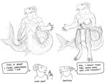 anthro beard body_hair bottomwear chest_hair clothed clothing curved_horn discussion facial_hair hooves horn loincloth loincloth_only looking_at_another male mermaid_tail muscular nipples nude raised_arm speech_bubble tail text thick_tail topless unguligrade snarkysardine bovid capricorn caprine fish goat mammal marine 2024 english_text hi_res sketch